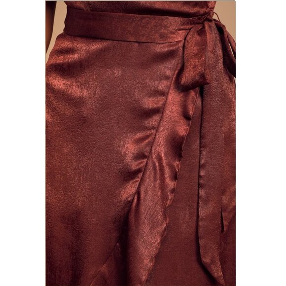 Wrapped Up In Love Burgundy Satin Faux-Wrap Midi Dress - NWT - Size Small - Picture 5 of 5